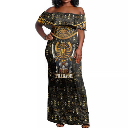 Pharaoh King Tut Egypt Off Shoulder Maxi Dress Hieroglyphic Gold Pattern - African Pride
