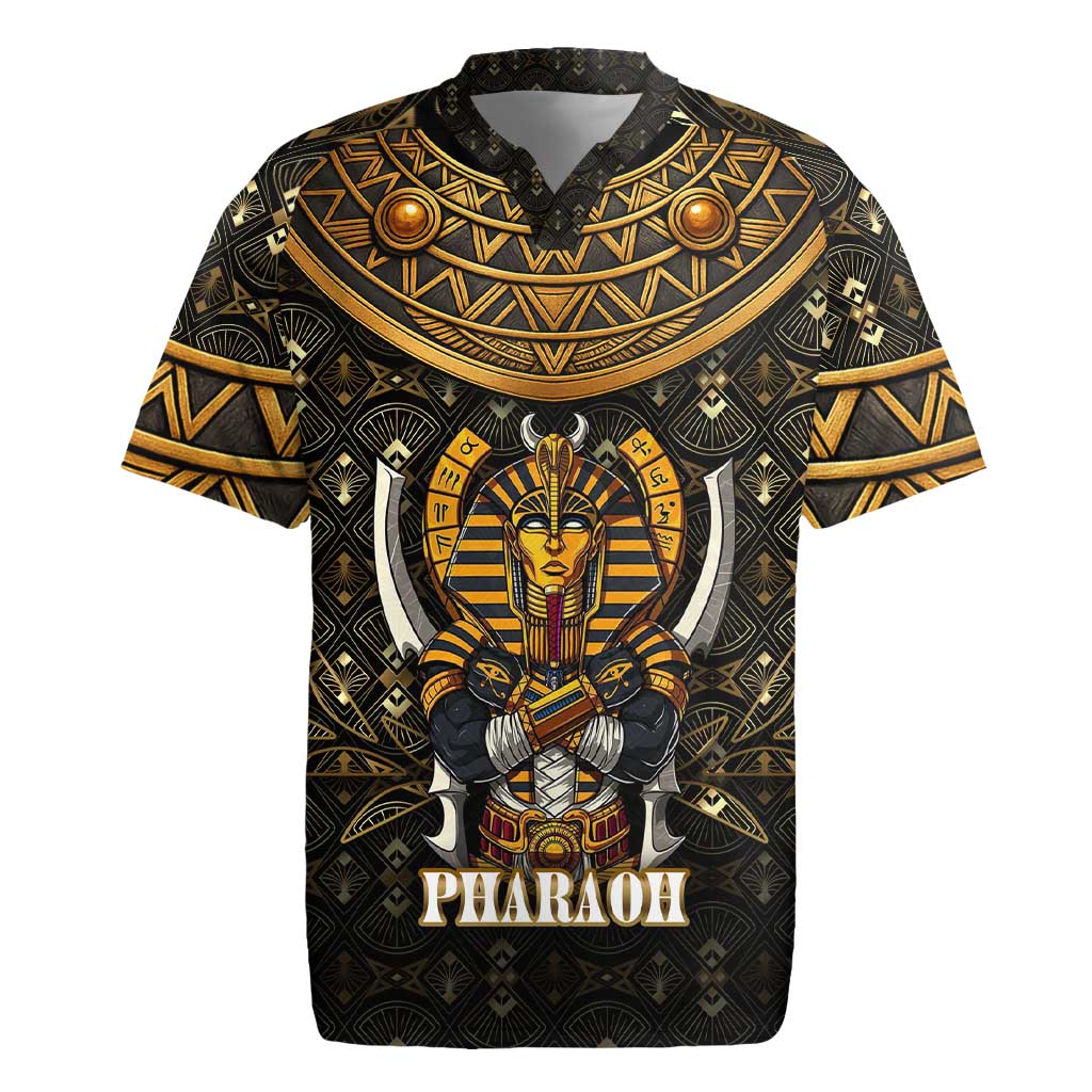 Pharaoh King Tut Egypt Rugby Jersey Hieroglyphic Gold Pattern - African Pride