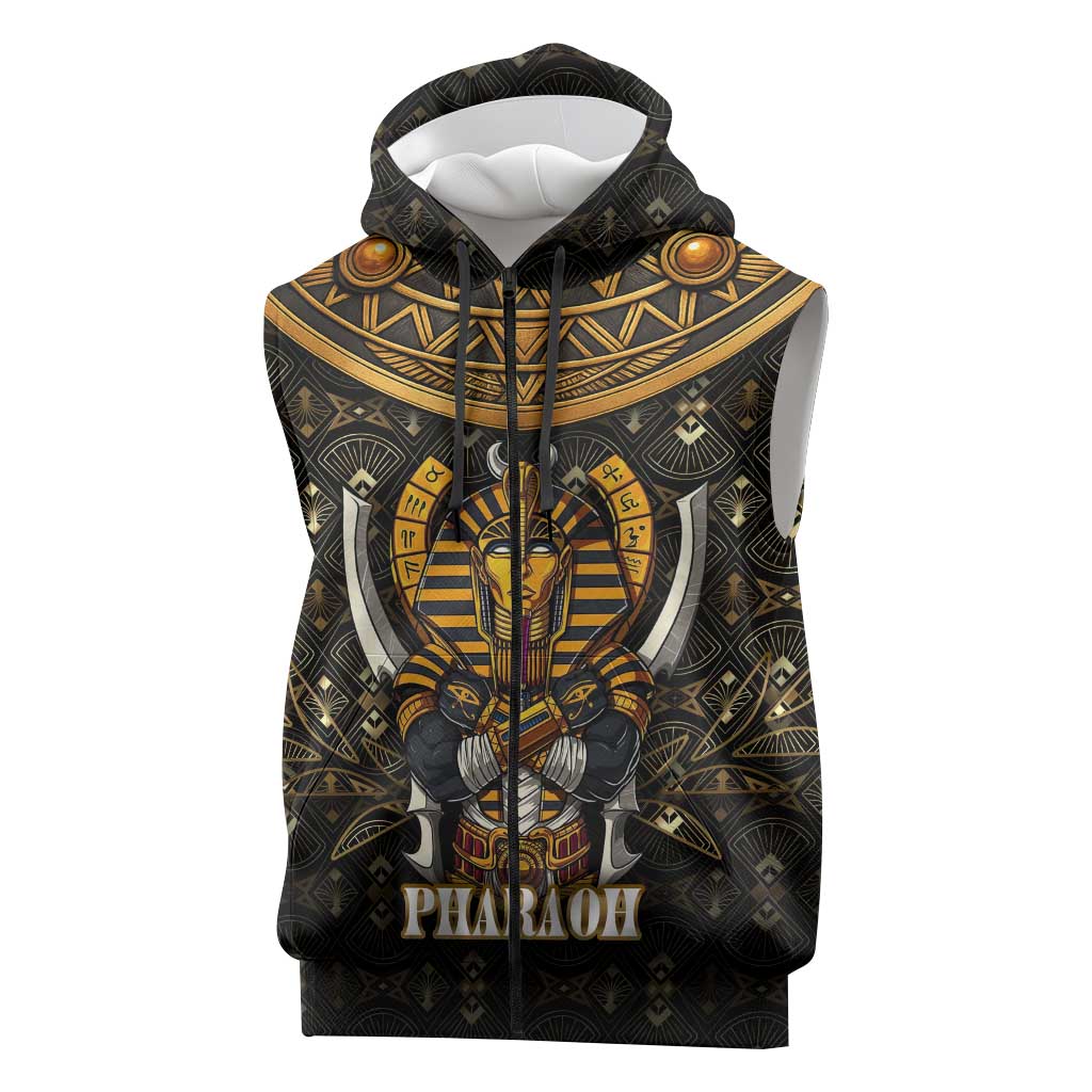 Pharaoh King Tut Egypt Sleeveless Zip Hoodie Hieroglyphic Gold Pattern - African Pride