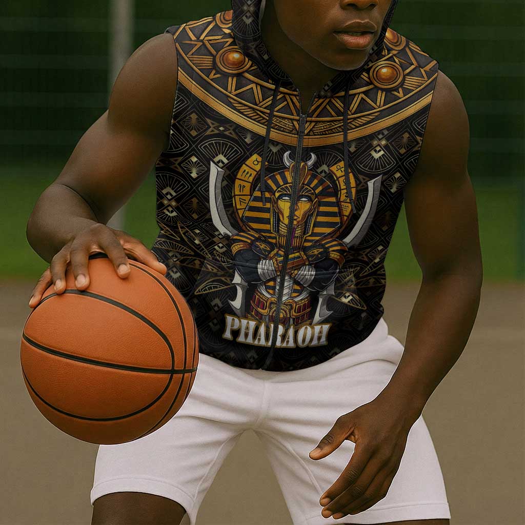 Pharaoh King Tut Egypt Sleeveless Zip Hoodie Hieroglyphic Gold Pattern - African Pride
