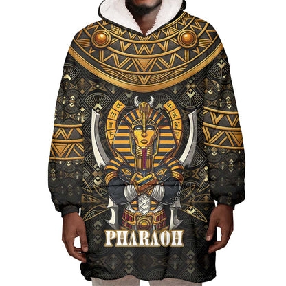 Pharaoh King Tut Egypt Wearable Blanket Hoodie Hieroglyphic Gold Pattern - African Pride