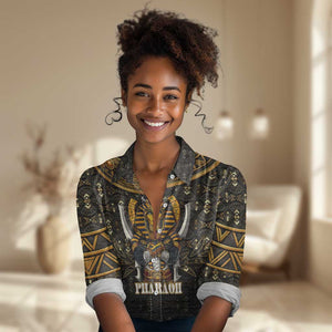 Pharaoh King Tut Egypt Women Casual Shirt Hieroglyphic Gold Pattern - African Pride