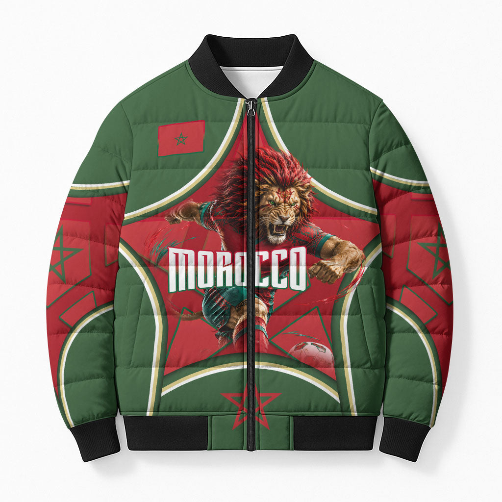 Personalized Morocco Football Atlas Lion Bomber Puffer Jacket Moroccan Star National Flag