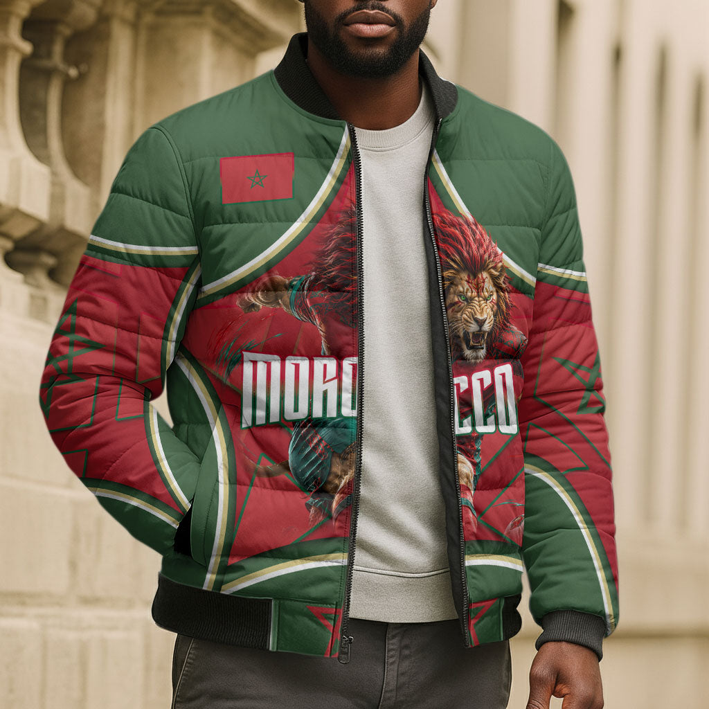 Personalized Morocco Football Atlas Lion Bomber Puffer Jacket Moroccan Star National Flag