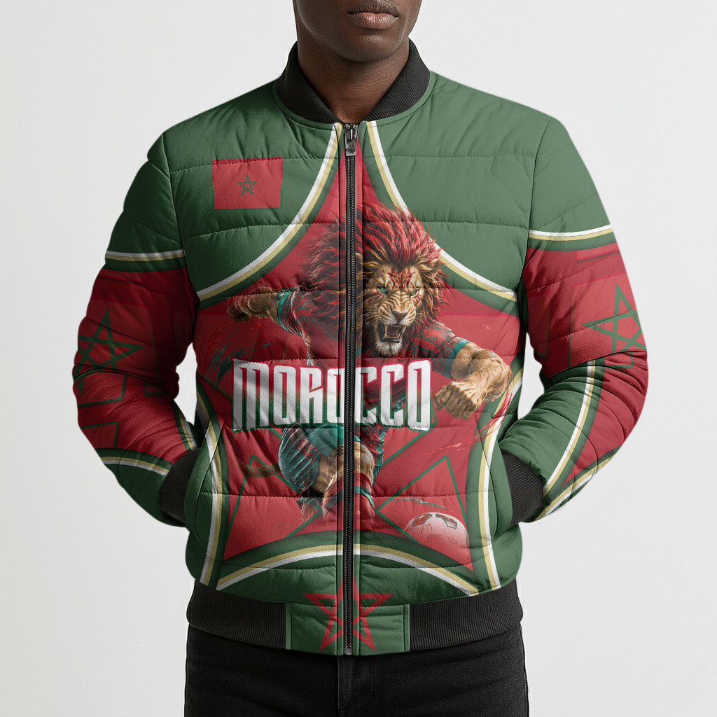 Personalized Morocco Football Atlas Lion Bomber Puffer Jacket Moroccan Star National Flag