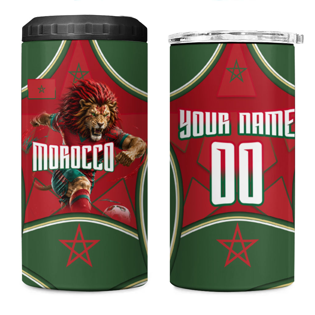 Personalized Morocco Football Atlas Lion 4 in 1 Can Cooler Tumbler Moroccan Star National Flag