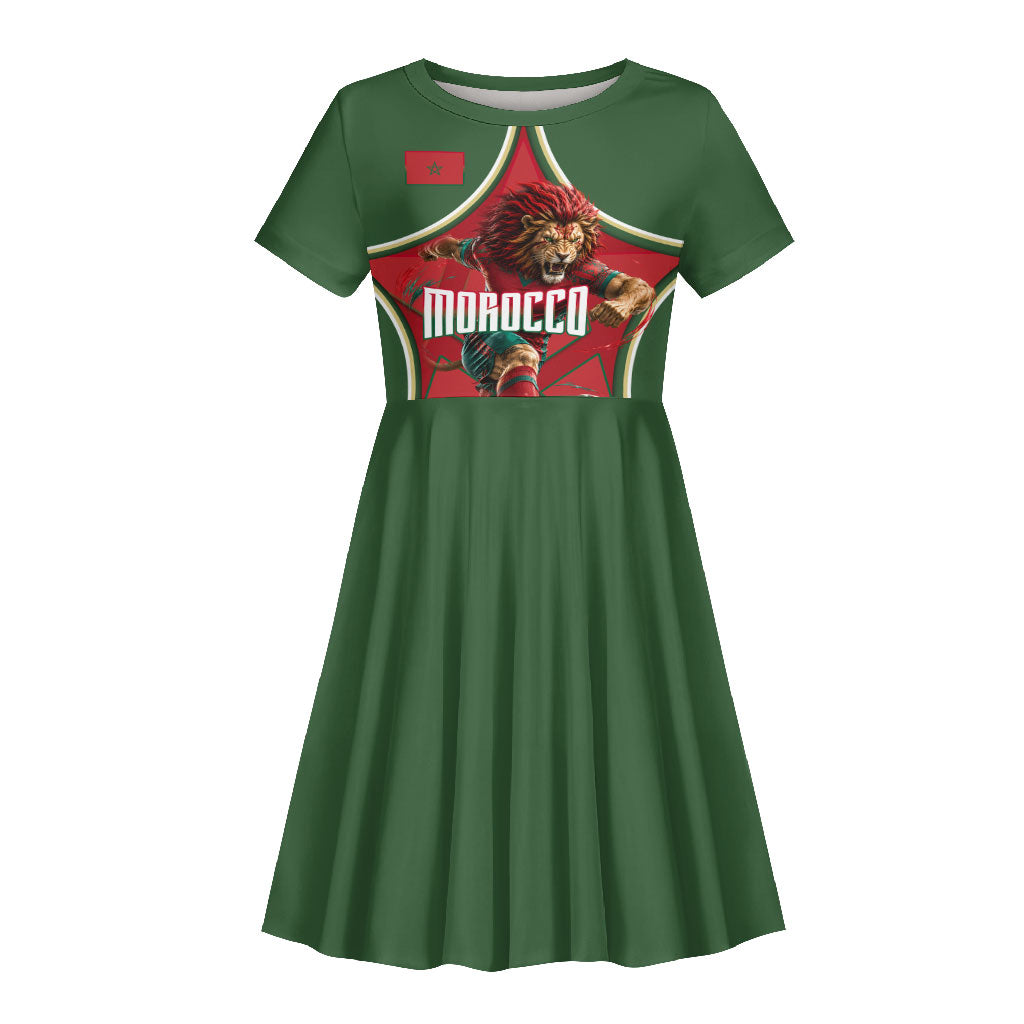 Personalized Morocco Football Atlas Lion Kid Short Sleeve Dress Moroccan Star National Flag