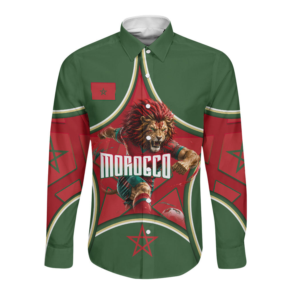 Personalized Morocco Football Atlas Lion Long Sleeve Button Shirt Moroccan Star National Flag