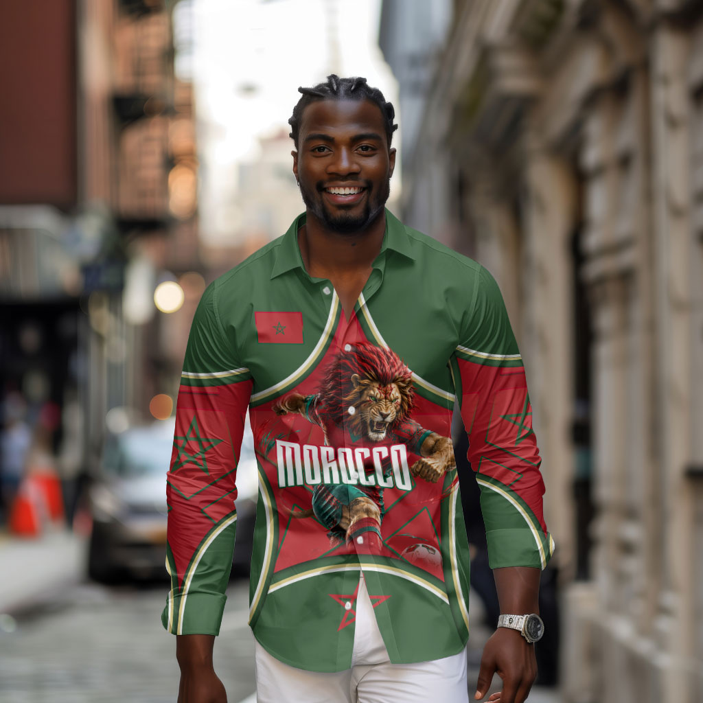 Personalized Morocco Football Atlas Lion Long Sleeve Button Shirt Moroccan Star National Flag