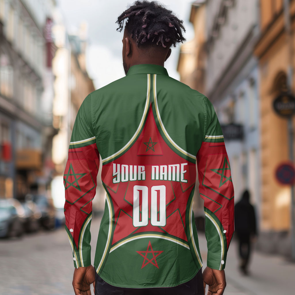 Personalized Morocco Football Atlas Lion Long Sleeve Button Shirt Moroccan Star National Flag