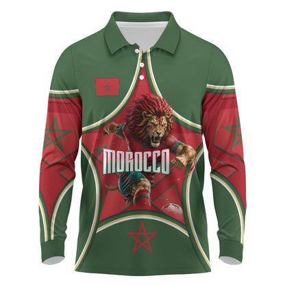 Personalized Morocco Football Atlas Lion Long Sleeve Polo Shirt Moroccan Star National Flag