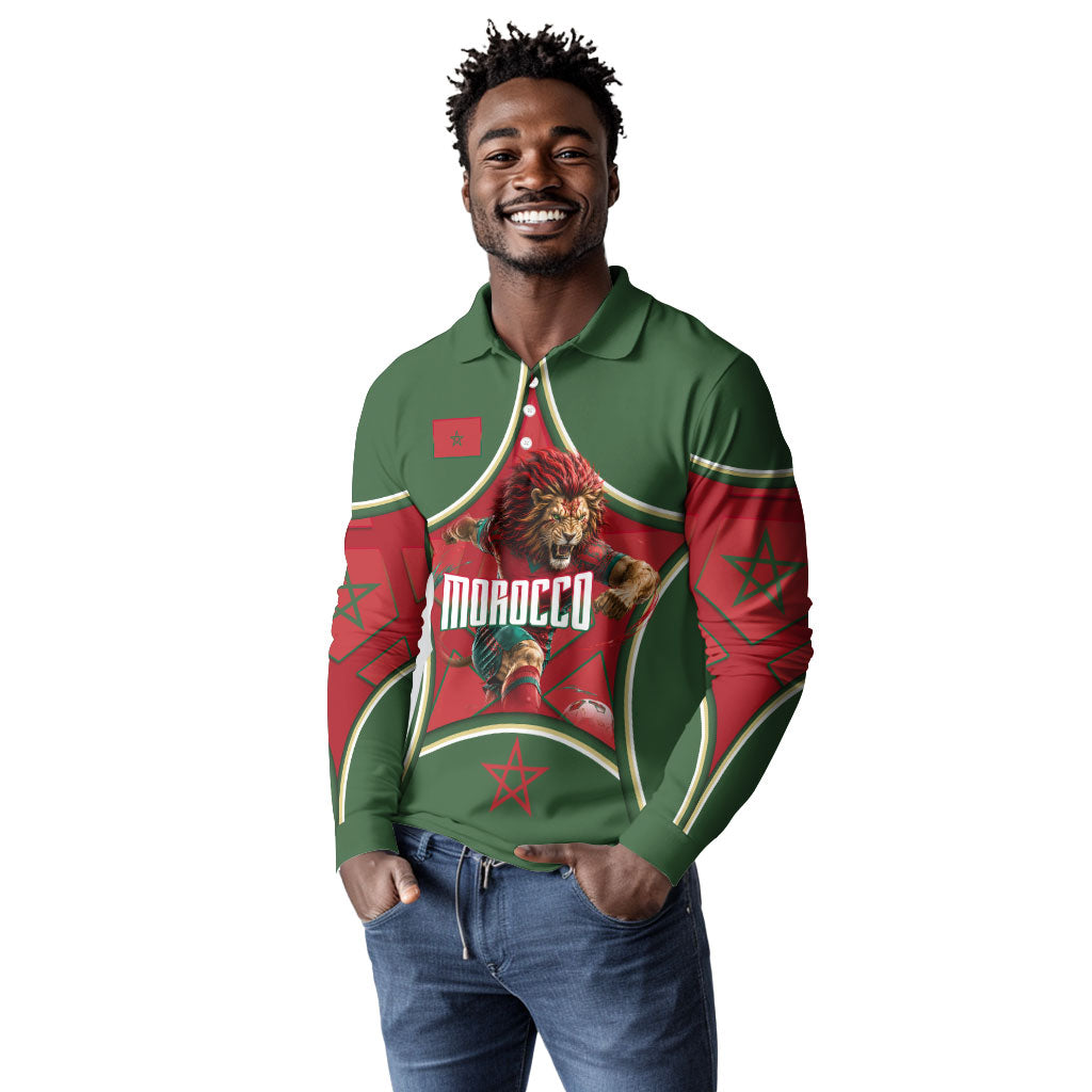 Personalized Morocco Football Atlas Lion Long Sleeve Polo Shirt Moroccan Star National Flag