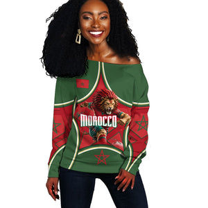 Personalized Morocco Football Atlas Lion Off Shoulder Sweater Moroccan Star National Flag