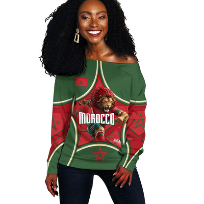 Personalized Morocco Football Atlas Lion Off Shoulder Sweater Moroccan Star National Flag