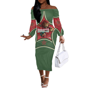 Personalized Morocco Football Atlas Lion Off The Shoulder Long Sleeve Dress Moroccan Star National Flag