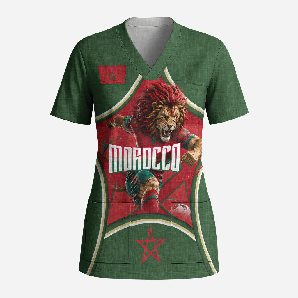 Personalized Morocco Football Atlas Lion Scrub Top Moroccan Star National Flag