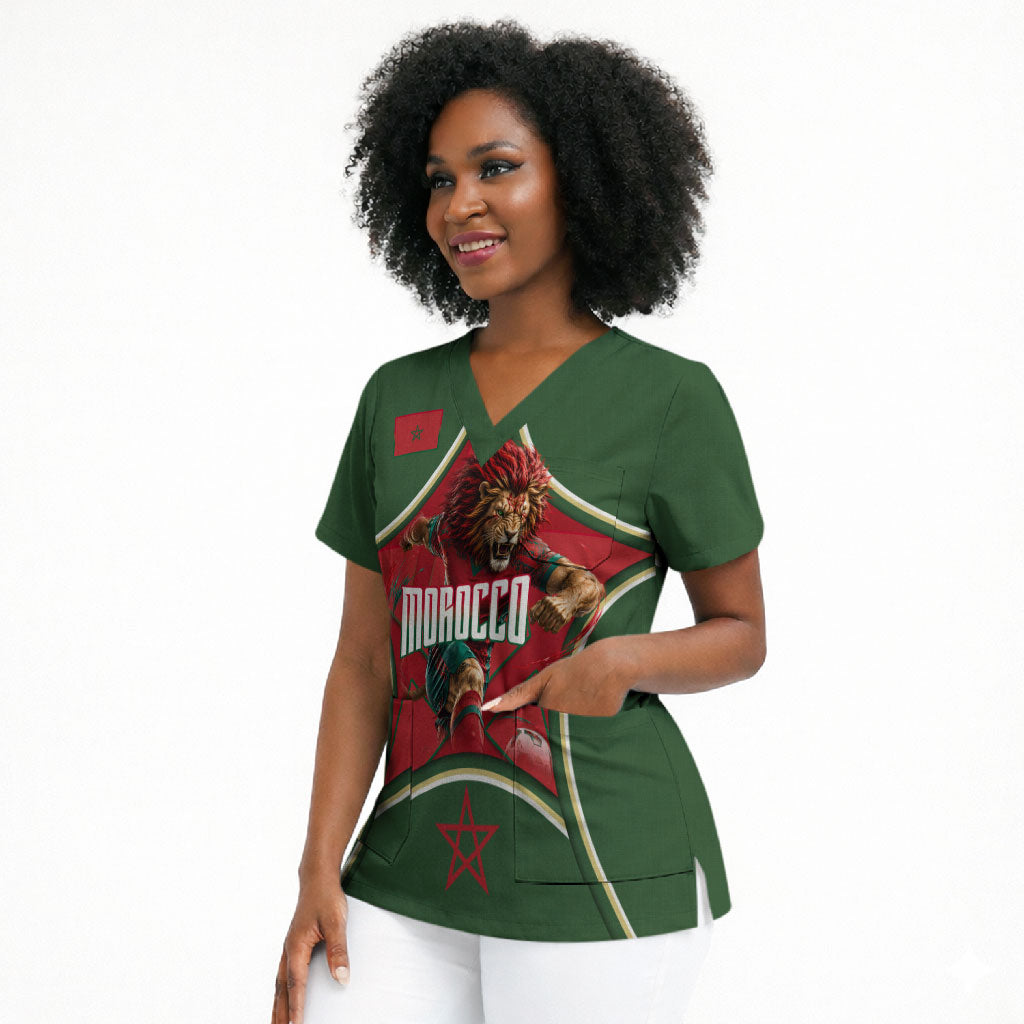 Personalized Morocco Football Atlas Lion Scrub Top Moroccan Star National Flag