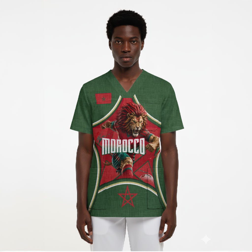 Personalized Morocco Football Atlas Lion Scrub Top Moroccan Star National Flag