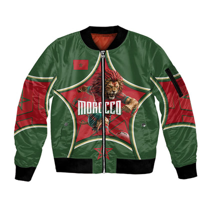 Personalized Morocco Football Atlas Lion Sleeve Zip Bomber Jacket Moroccan Star National Flag