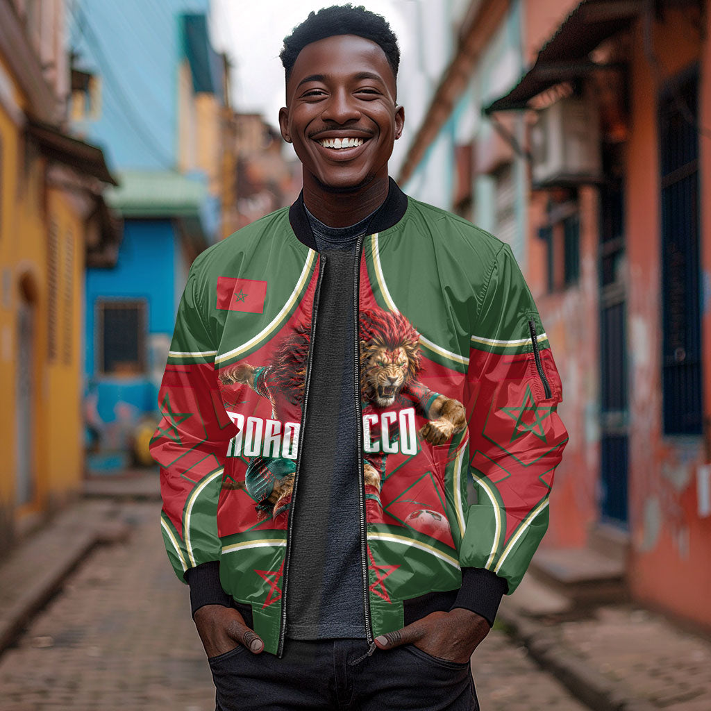 Personalized Morocco Football Atlas Lion Sleeve Zip Bomber Jacket Moroccan Star National Flag