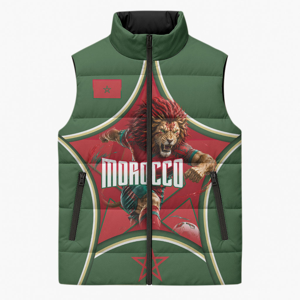 Personalized Morocco Football Atlas Lion Sleeveless Puffer Jacket Moroccan Star National Flag