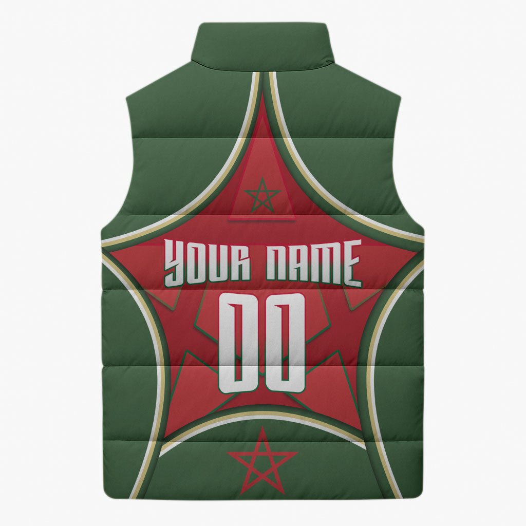 Personalized Morocco Football Atlas Lion Sleeveless Puffer Jacket Moroccan Star National Flag