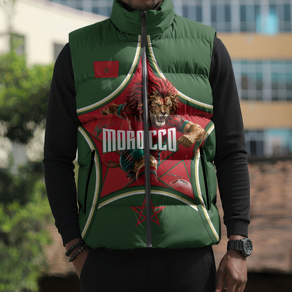 Personalized Morocco Football Atlas Lion Sleeveless Puffer Jacket Moroccan Star National Flag