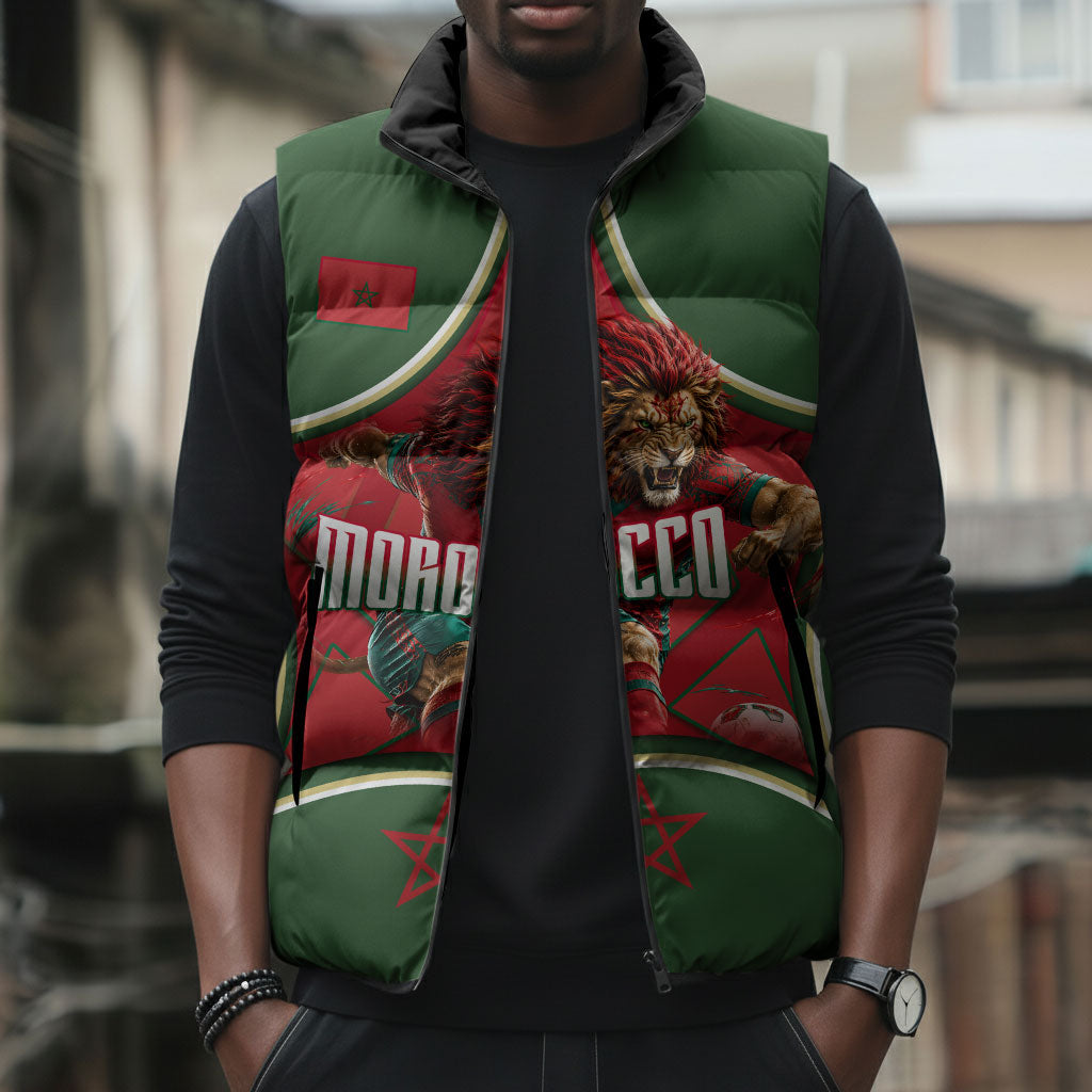 Personalized Morocco Football Atlas Lion Sleeveless Puffer Jacket Moroccan Star National Flag