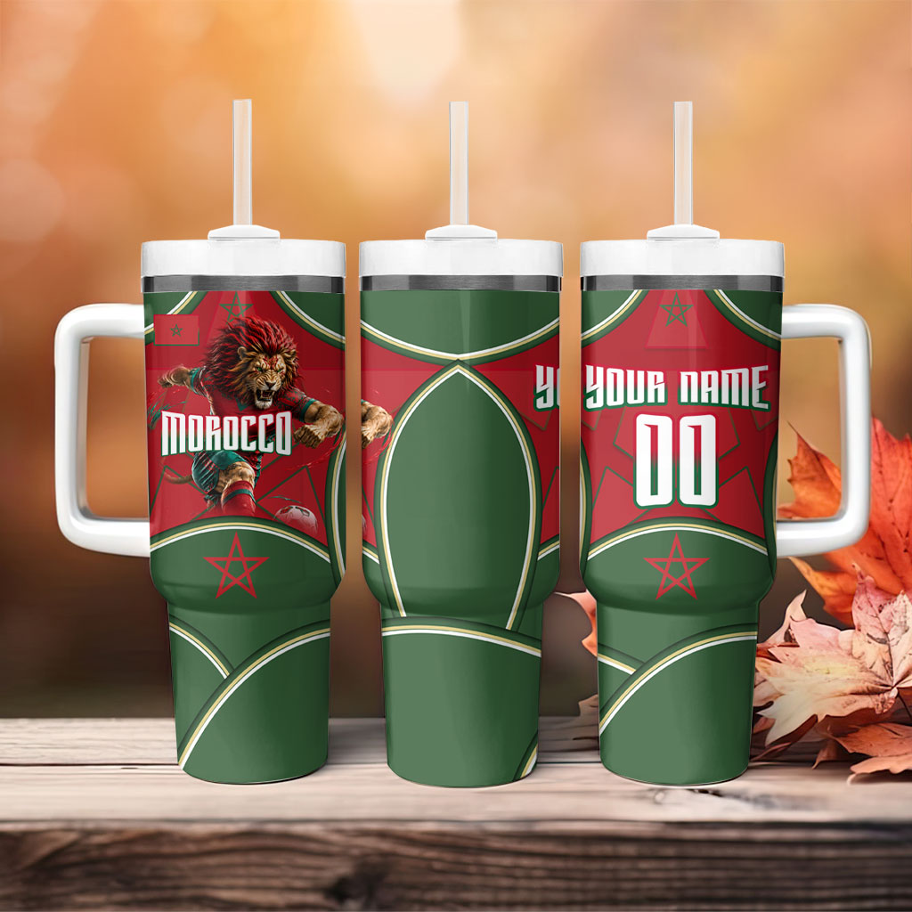 Personalized Morocco Football Atlas Lion Tumbler With Handle Moroccan Star National Flag
