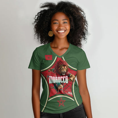 Personalized Morocco Football Atlas Lion Women V-Neck T-Shirt Moroccan Star National Flag