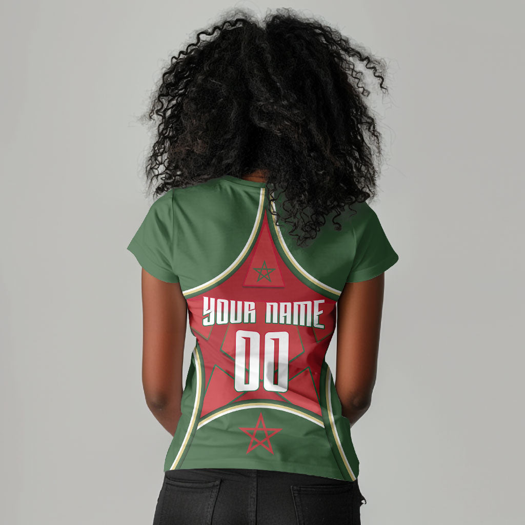 Personalized Morocco Football Atlas Lion Women V-Neck T-Shirt Moroccan Star National Flag