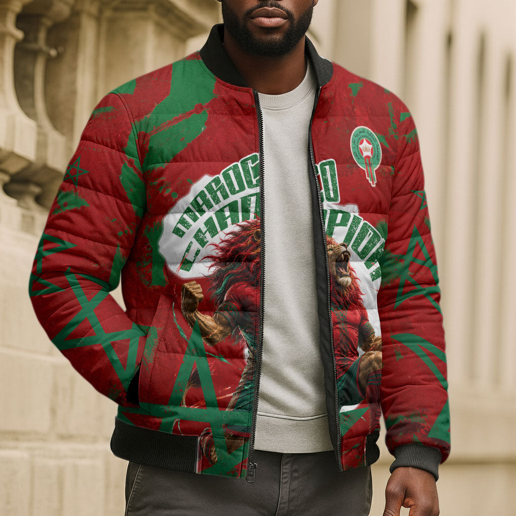 Personalized Morocco Football Bomber Puffer Jacket Atlas Lion Grunge Star Mascot