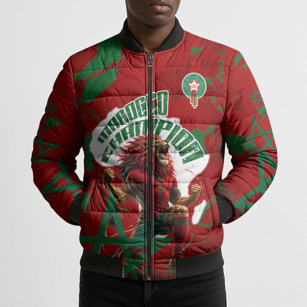 Personalized Morocco Football Bomber Puffer Jacket Atlas Lion Grunge Star Mascot