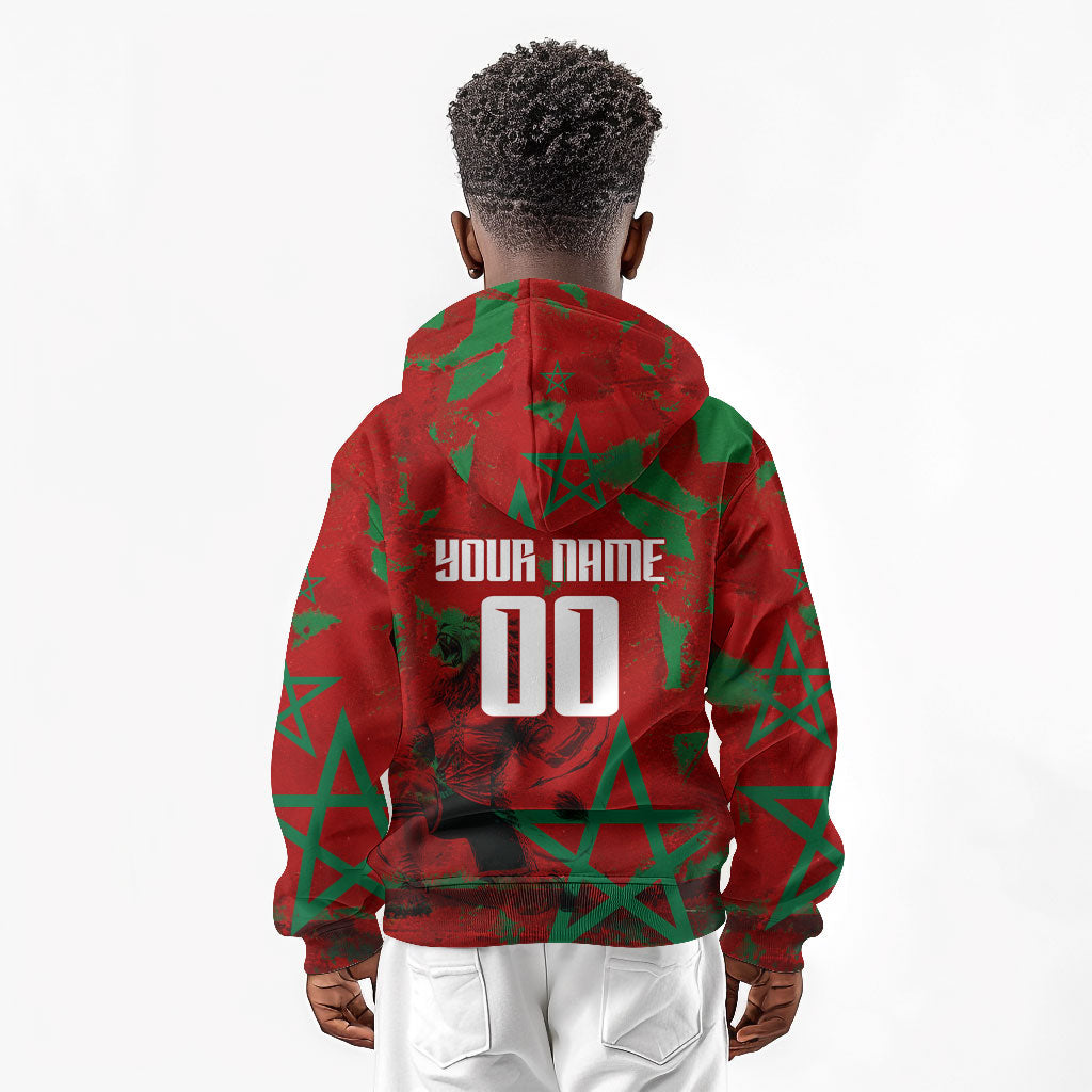 Personalized Morocco Football Kid Hoodie Atlas Lion Grunge Star Mascot
