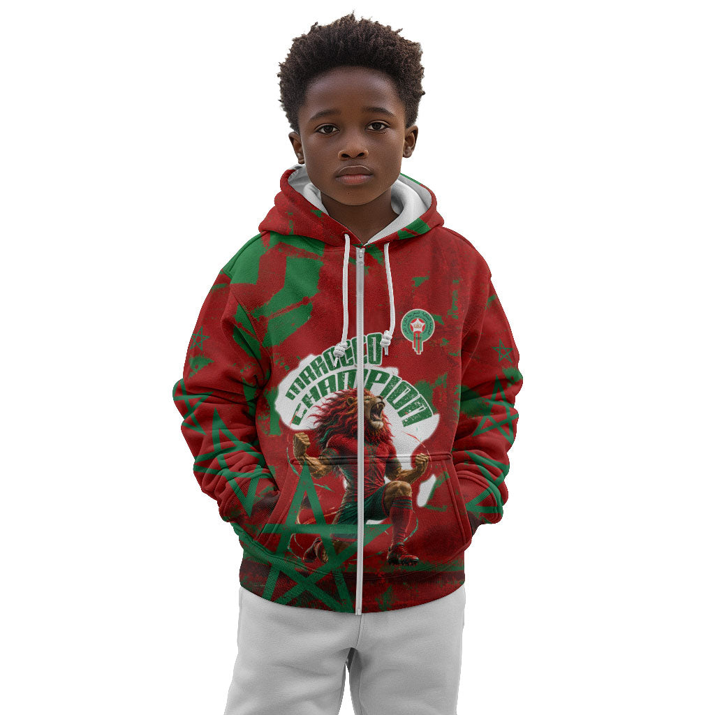 Personalized Morocco Football Kid Hoodie Atlas Lion Grunge Star Mascot