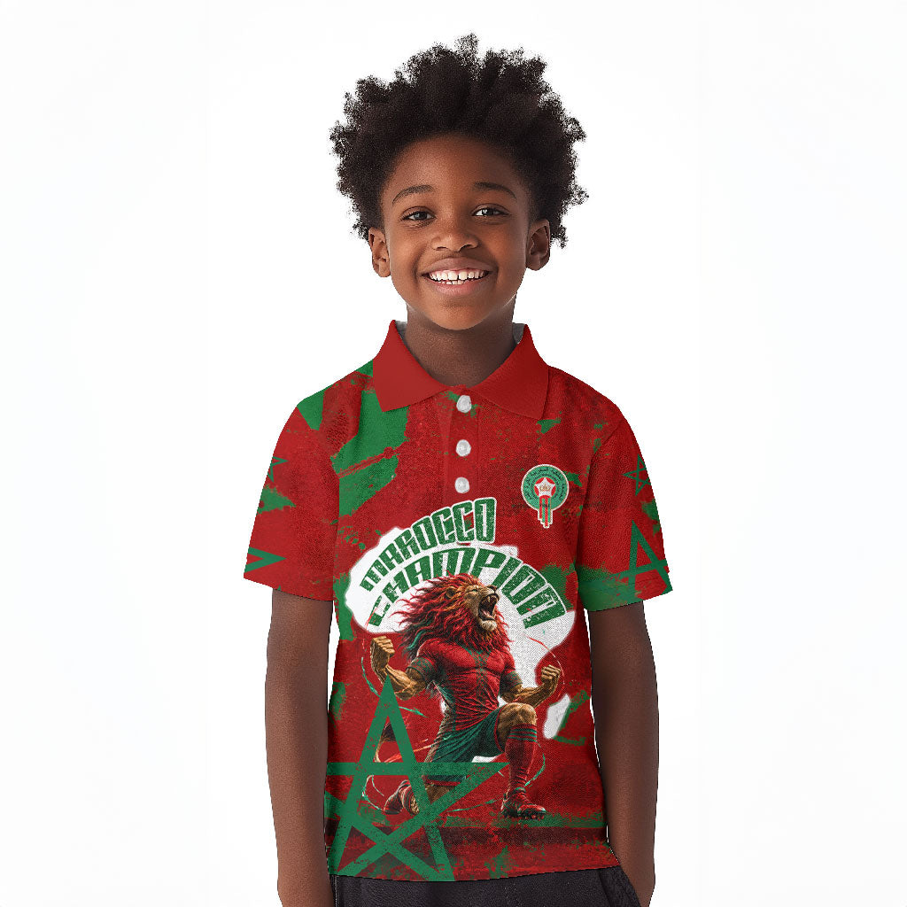 Personalized Morocco Football Kid Polo Shirt Atlas Lion Grunge Star Mascot