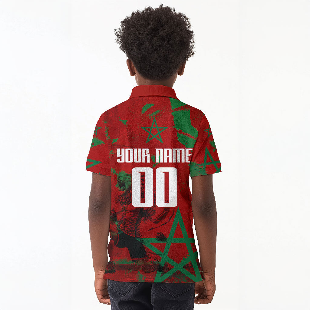 Personalized Morocco Football Kid Polo Shirt Atlas Lion Grunge Star Mascot