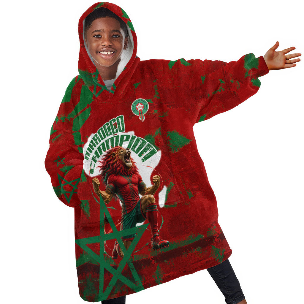 Personalized Morocco Football Kid Wearable Blanket Hoodie Atlas Lion Grunge Star Mascot