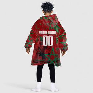 Personalized Morocco Football Kid Wearable Blanket Hoodie Atlas Lion Grunge Star Mascot