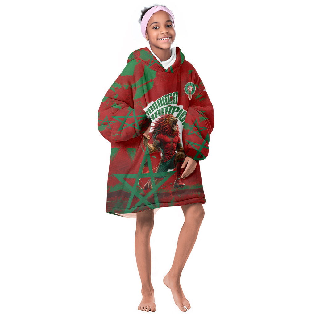 Personalized Morocco Football Kid Wearable Blanket Hoodie Atlas Lion Grunge Star Mascot
