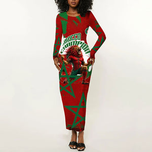 Personalized Morocco Football Long Sleeve Bodycon Dress Atlas Lion Grunge Star Mascot