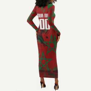 Personalized Morocco Football Long Sleeve Bodycon Dress Atlas Lion Grunge Star Mascot