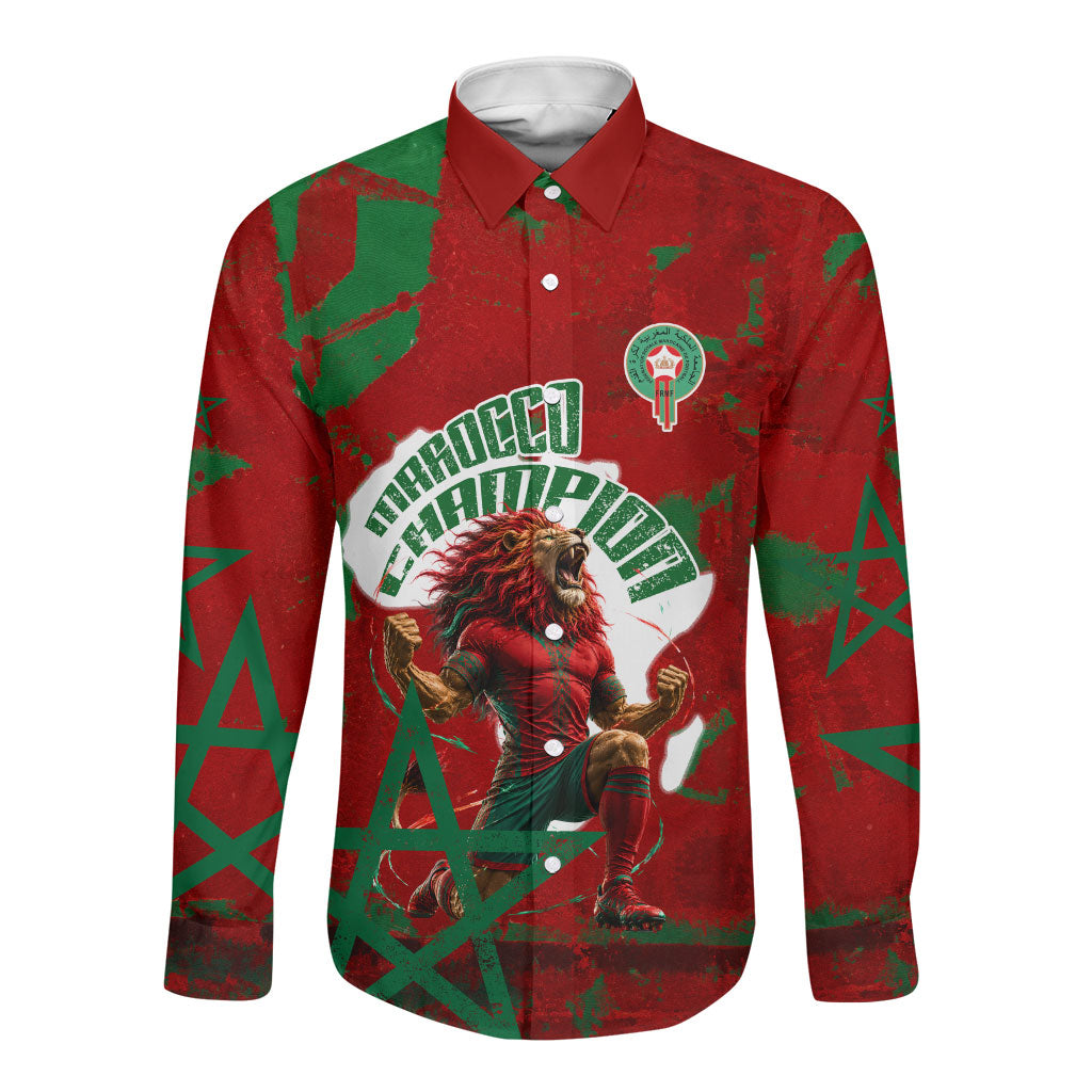 Personalized Morocco Football Long Sleeve Button Shirt Atlas Lion Grunge Star Mascot