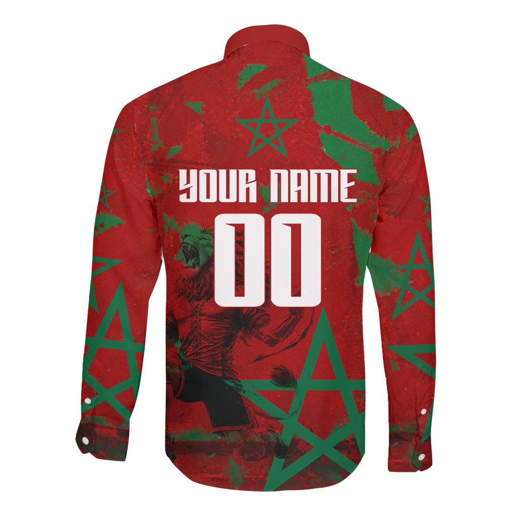 Personalized Morocco Football Long Sleeve Button Shirt Atlas Lion Grunge Star Mascot