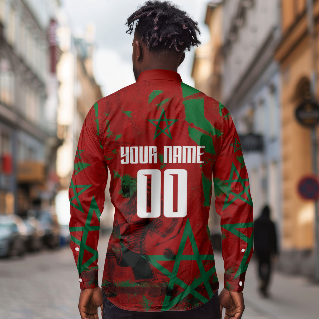 Personalized Morocco Football Long Sleeve Button Shirt Atlas Lion Grunge Star Mascot