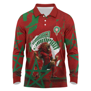 Personalized Morocco Football Long Sleeve Polo Shirt Atlas Lion Grunge Star Mascot