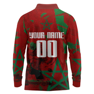 Personalized Morocco Football Long Sleeve Polo Shirt Atlas Lion Grunge Star Mascot