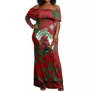 Personalized Morocco Football Off Shoulder Maxi Dress Atlas Lion Grunge Star Mascot
