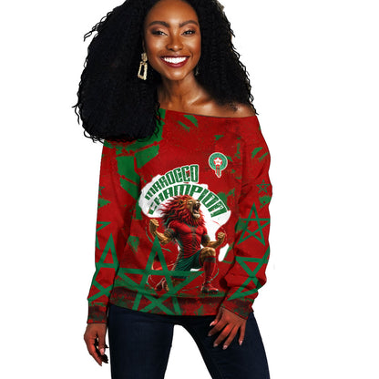 Personalized Morocco Football Off Shoulder Sweater Atlas Lion Grunge Star Mascot