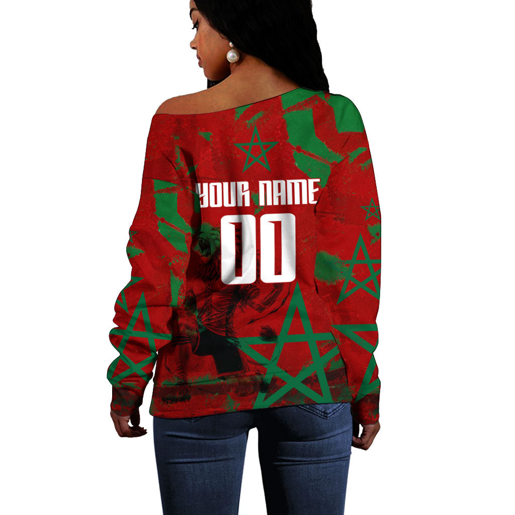 Personalized Morocco Football Off Shoulder Sweater Atlas Lion Grunge Star Mascot